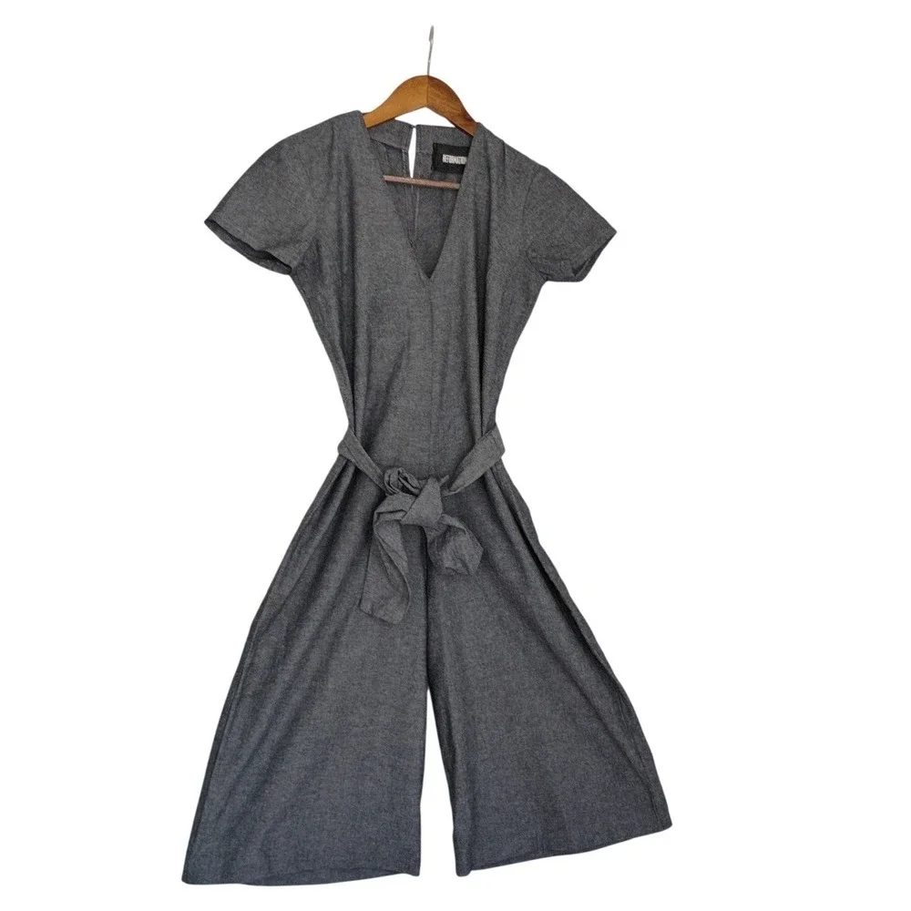 Reformation Minimalist $218 Grey Short Sleeve Wide Leg Tie Waist Jumpsuit Fits S